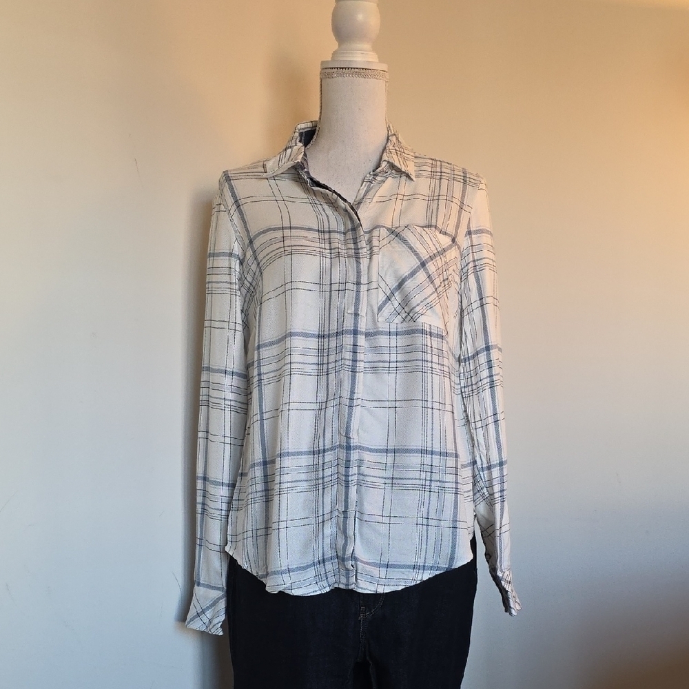 Ecru House Black Market Ecru and Navy Plaid Shirt